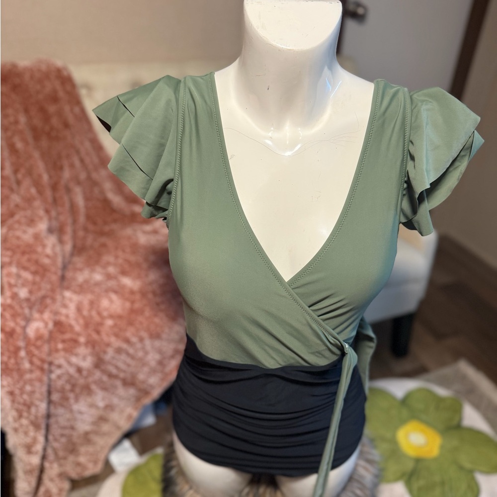 Sage Green Wrap Swim Tunic with Flutter Sleeves and Black Waist